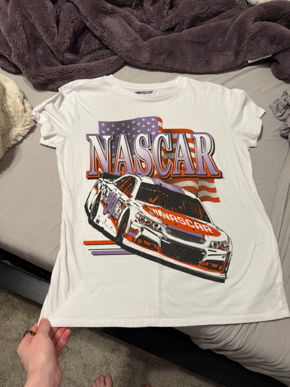 Nascar White Tee with Orange and Purple Racing Graphic